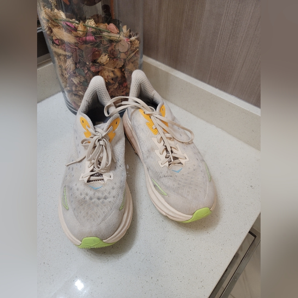 Hoka Women's Athletic Shoes in Light Gray with Yellow and Neon Green Accents
